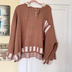MELLODAY Dusty Sand Hooded Knit Sweater with Cream Stripe Trim